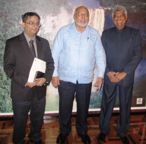  GECOM Commissionr, Athmaram Mangal [left), former President Ramotar and Dr. Surujbally. [iNews' Photo]