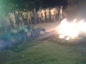 Unpaid/disgruntled Rice farmers burning on the Essequibo Coast.