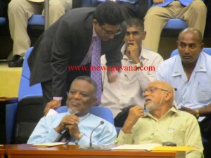 President Donald Ramotar and Attorney General, Anil Nandlall converse during the recent opening of the National Toshaos Conference.