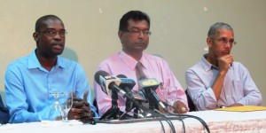 AFC Leader, Khemraj Ramjattan [center) flanked by General Secretary, David Patterson (left) and Dominic Gaskin. [iNews' Photo]