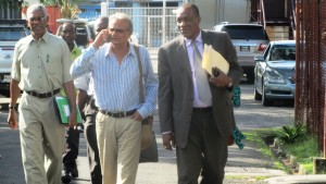 From L - R: Opposition Leader, David Granger; APNU’s Chairman Dr. Rupert Roopnarine and APNU General Secretary Joseph Harmon following the meeting with GECOM. [iNews' Photo]