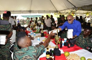 President Donald Ramotar sharing meals to junior ranks of the Guyana Defence Force at Camp Stephenson, Timehri.