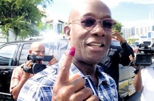 Trinidad and Tobago’s Prime Minister-elect Dr Keith Rowley shows his inked finger after voting in yesterday’s general election. Rowley led his People’s National Movement to victory over the Kamla Persad-Bissessar led People’s Partnership coalition. [PHOTO: PETER RICHARDS)