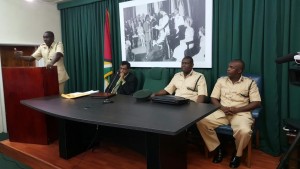 Public Security Minister Khemraj Ramjattan and senior Prison officials at this afternoon's news conference